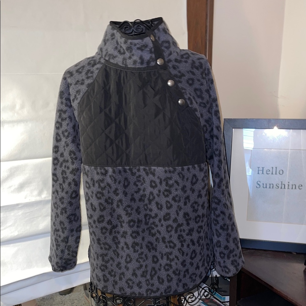 J. Crew Black and Gray Quilted Leopard Pullover
